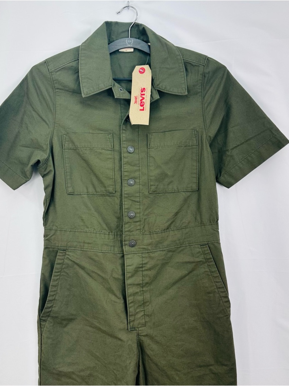 NWT Levi’s  big E Army Green Boilersuit Short Sleeve Utility Jumpsuit WideLeg XS - Picture 3 of 8